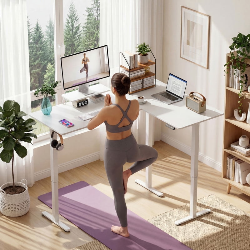 Homall L-Shaped Electric Standing Desk with Monitor Stand, 63 x 48 inch Height Adjustable Sit Stand Corner Desk, Computer Workstation for Home Office, White