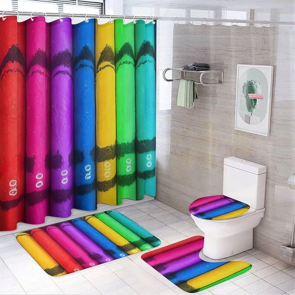 4 Piece Shower Curtain Set with Rugs Toilet Lid Cover Bath Mat Colored Crayons Bath Curtain Waterproof Shower Curtains with 12 Hooks for Bathroom Decor