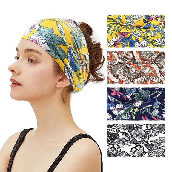 BEIPEGIN Wide Boho Floral Elastic Sports Sweatbands, (Sets of 4)