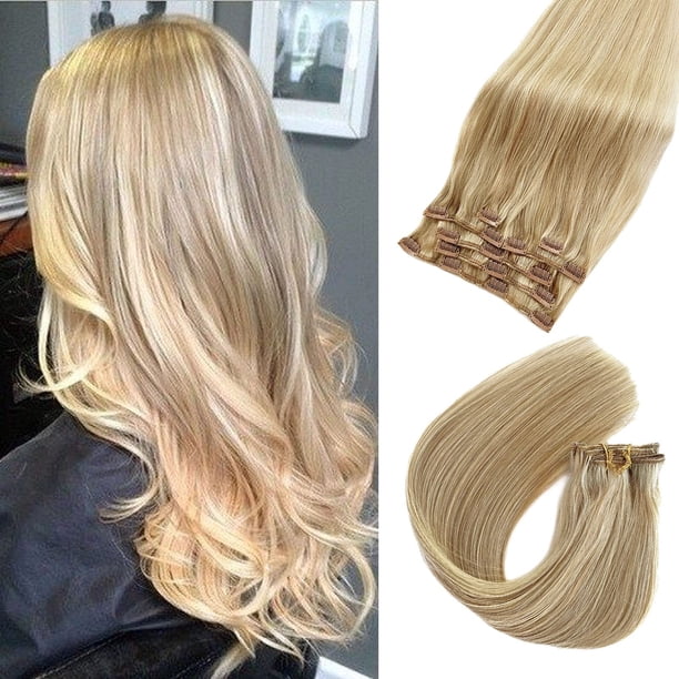Extensiones de cabello humano con clip Extensiones de cabello Remy rubias destacadas Extensiones de cabello natural de 18 pulgadas Extensiones de cabello rubio beige rubio blanqueado mezclado Clip ins