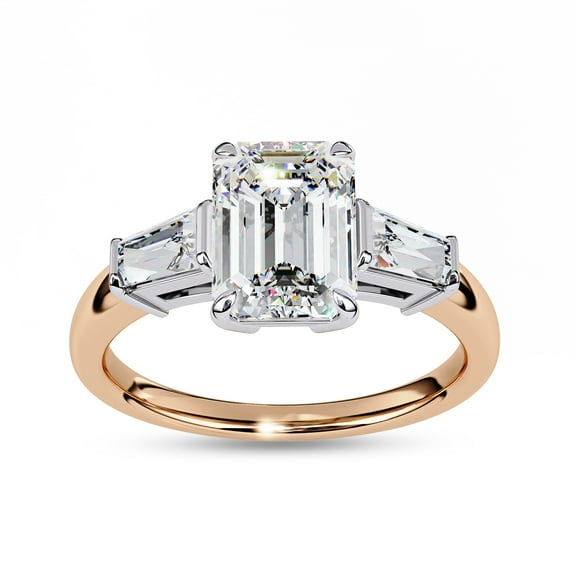 IGI Certified Lab Grown Diamond Ring | Center 9x6.5mm Emerald Cut Three Stone Engagement Promise Rings For Women In 18k Solid Rose Gold | F-G, VS-SI Quality (2.90 Ctw) Ring Size-8.5
