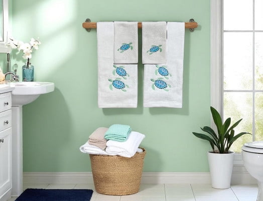 Serafina Home Summer Soft Absorbent Guest Sea Turtle Towels: Bright Aqua Blue Turquoise Embroidery Design Bundle