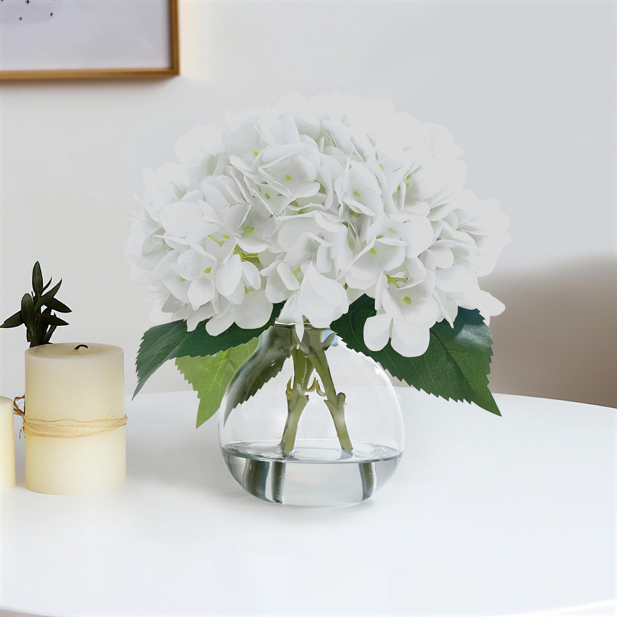 2-Pack Artificial Hydrangeas in Glass Vase with Faux Water - White & Blue Faux Flower Arrangement for Table Centerpiece, Home Office, Shelf & Bathroom Decor
