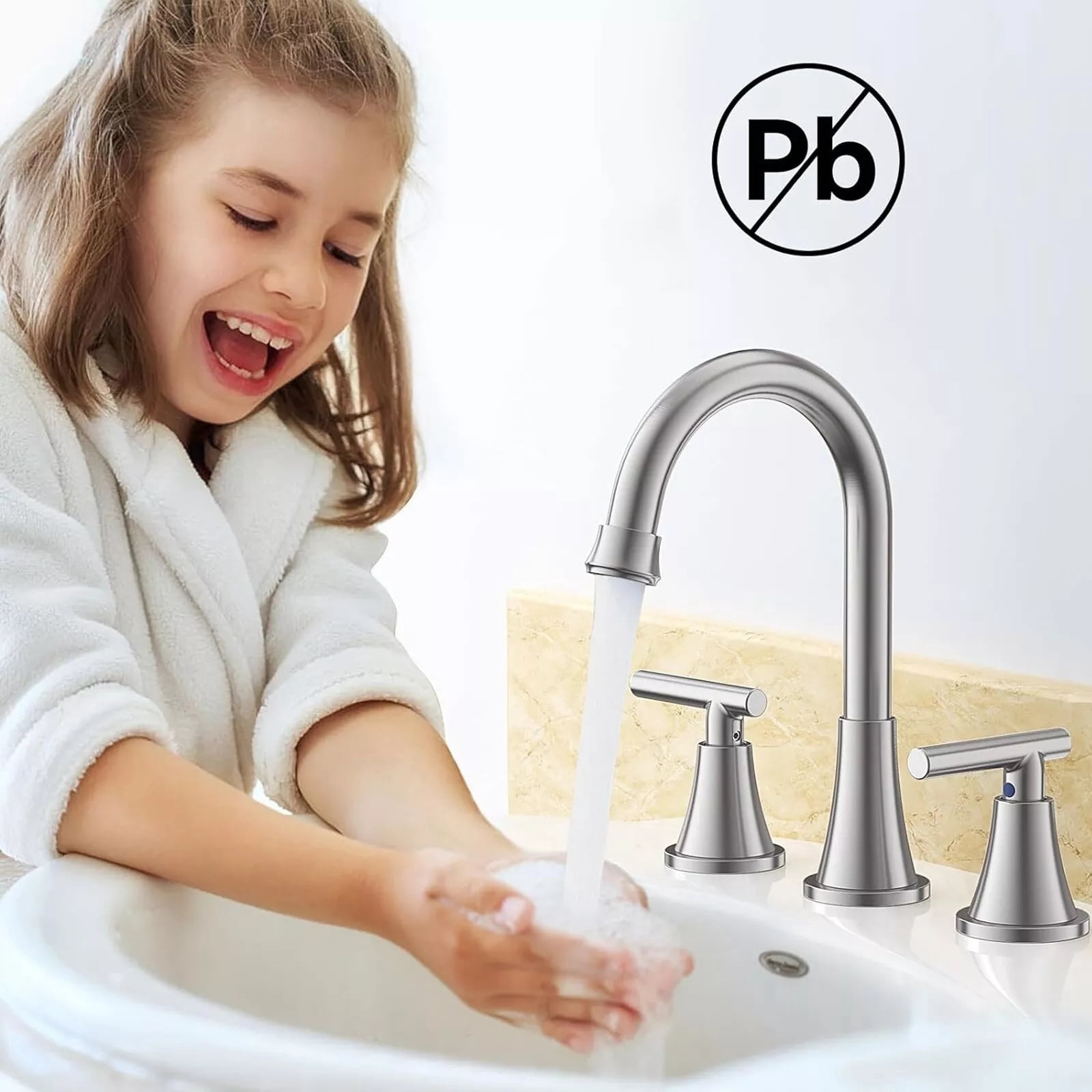 Bathroom Sink Faucet 3 Hole Brushed Nickel Widespread Basin Vanity Mixer w Drain