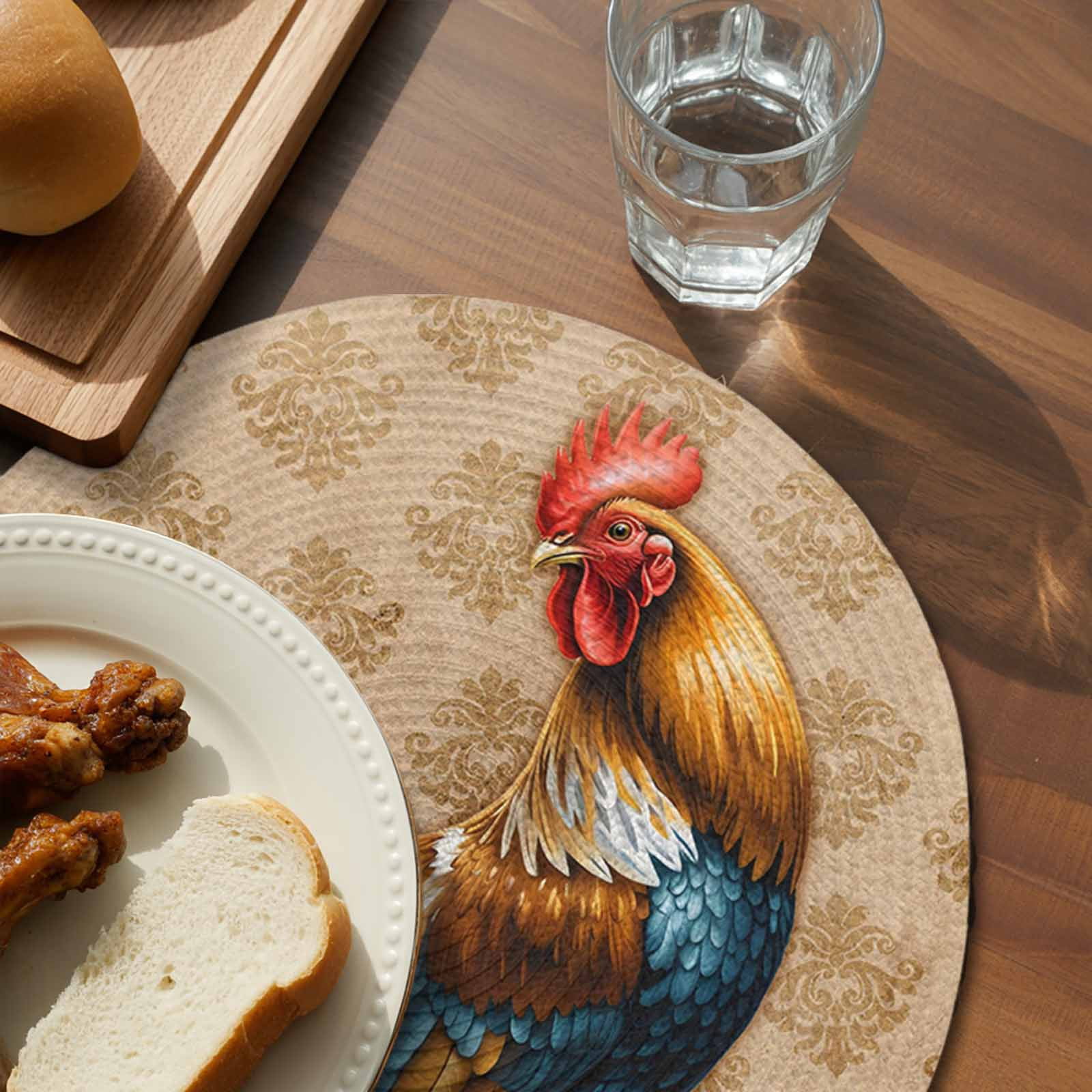Round Placemats Set of 4 Farmhouse Chicken Rooster Cock Place Mats Washable Woven Placemat Vintage Farm Animal Circle Braided Table Mat for Kitchen Dining Table Party Home Decor 15 Inch