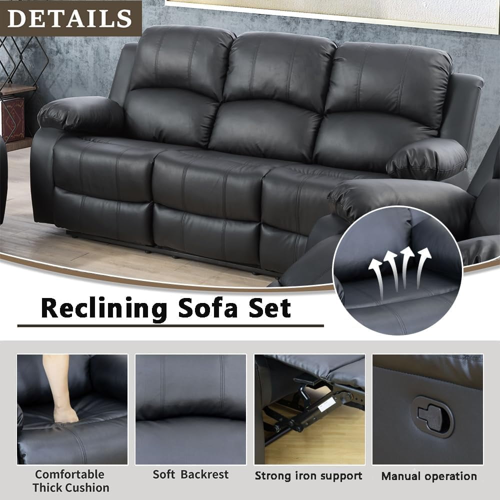 TrumanPick Manual Leather Recliner Chair,3 Seats Overstuffed Rocker Armchair Home Theater Sofa Recliner for Living Room,Black