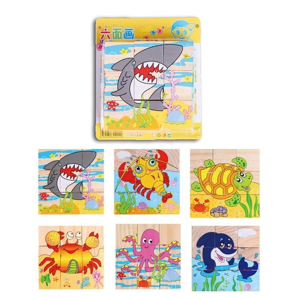 Rompecabezas de animales de dibujos animados de madera para niños, rompecabezas de Sabiduría de 6 lados, juguetes de Educación Temprana, juego para padres e hijos, Envío Gratis