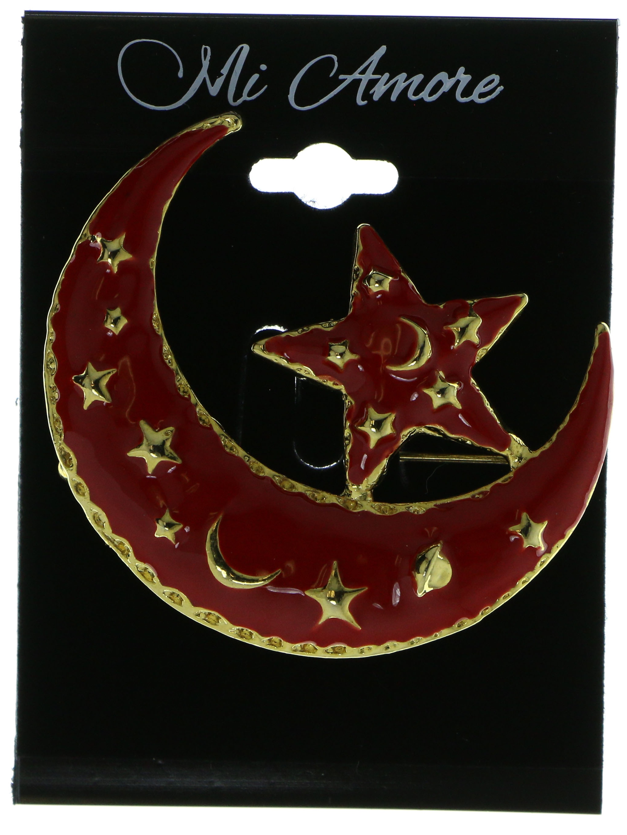 Crescent Moon & Stars Brooch-Pin Gold-Tone & Red Metal LQP440