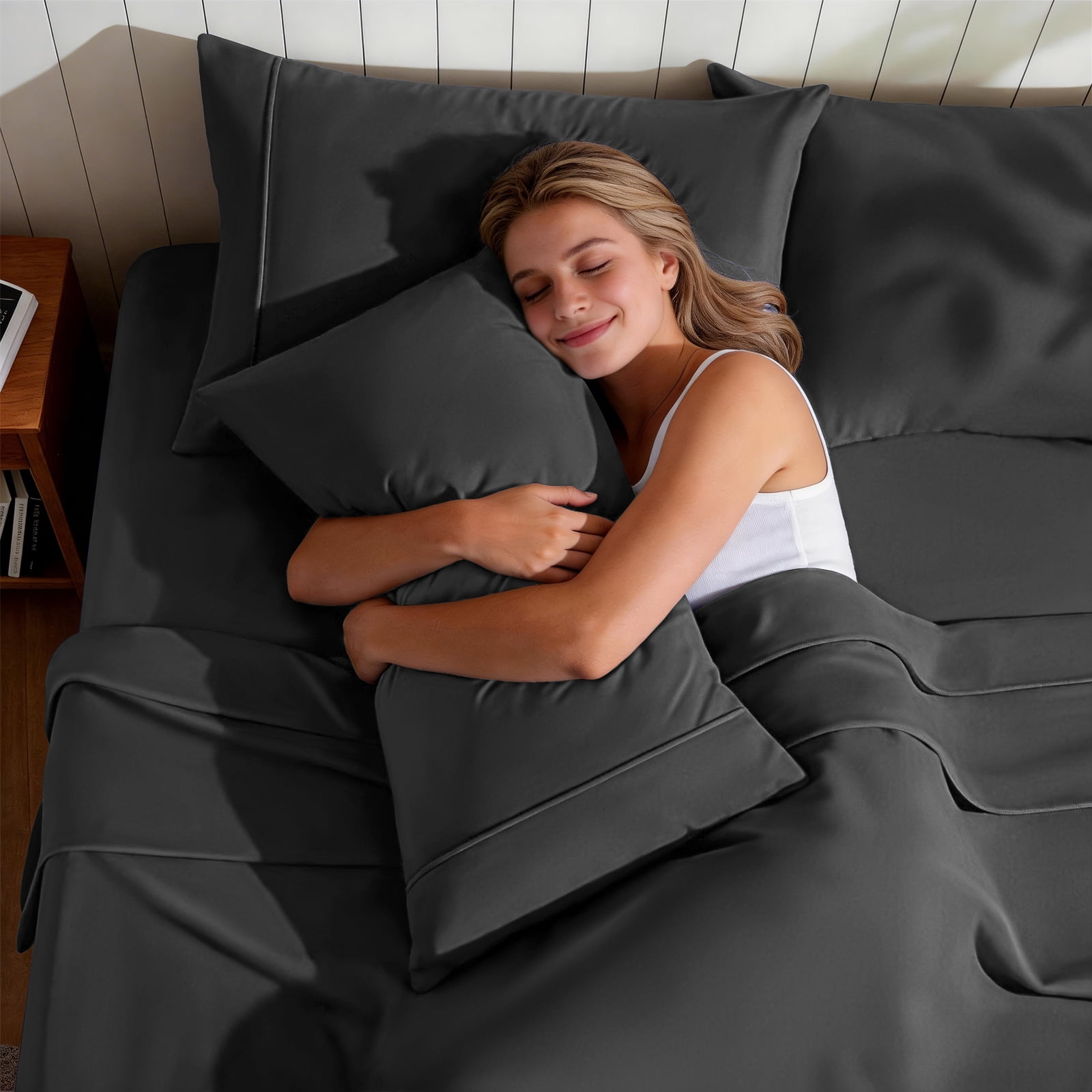 EMONIA Queen Bed Sheet Set 4-Piece with 14" Deep Pocket, Hotel Luxury Super Soft & Breathable Polyester Washed Cotton Fabric (Dark Gray)