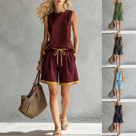 Idoravan Womens Clothes 2 Piece Sets for Women Dressy Sleeveless Tops Shorts Set Womens 2 Piece Color Block Outfits Sleeveless Tank Top and Drawstring Waist Shorts Set Casual Summer Loungewear