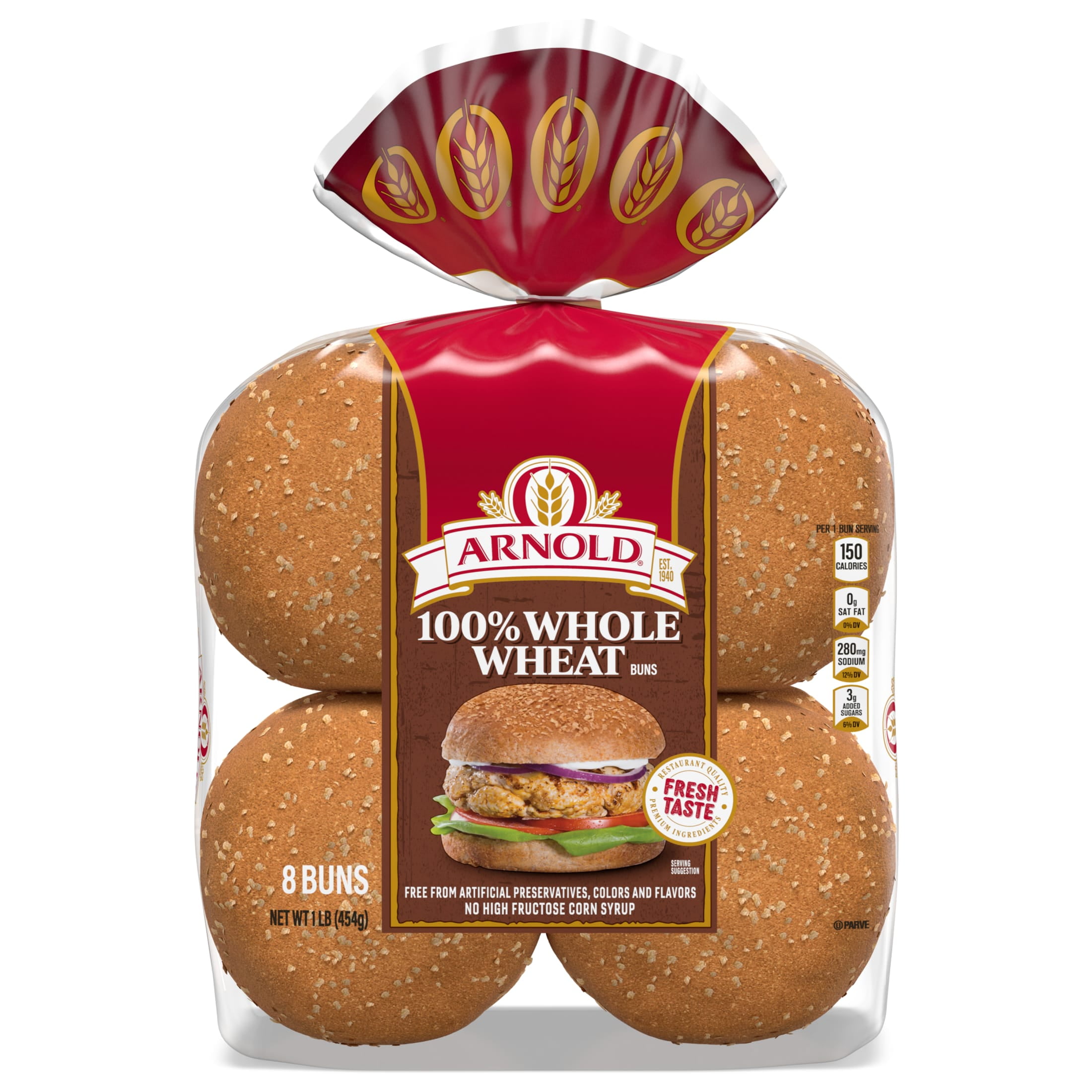 Arnold Whole Wheat Buns, 8 count, Hamburger Buns, 16 oz Bag