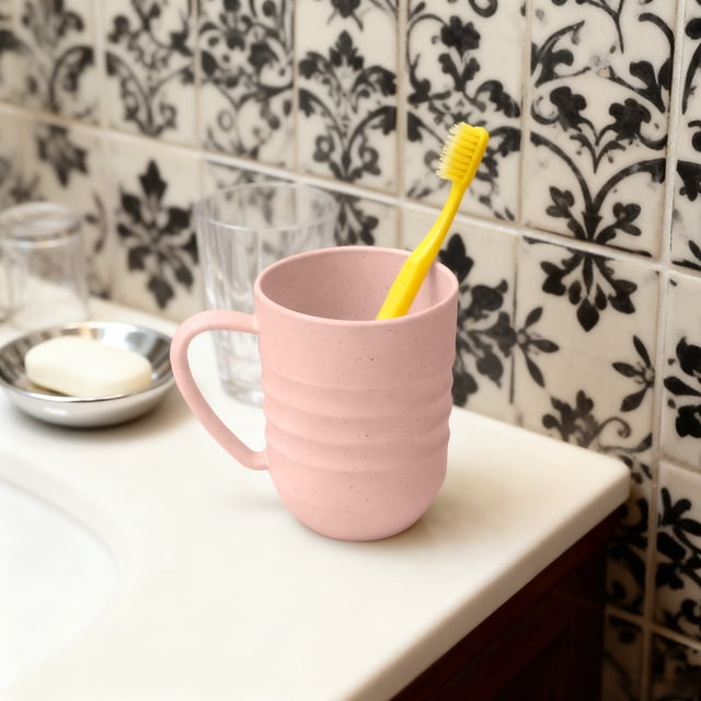 CaiYueKe Plastic Drinking Cup with Handle, Striped Household Mouthwash Cup, Creative Bathroom Cup, Durable Food Grade Cup for Daily Use, Easy Clean Dishwasher Safe