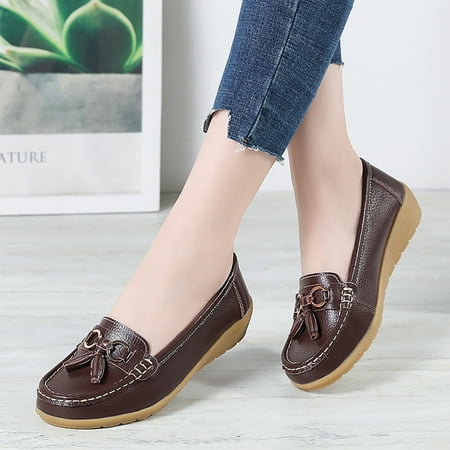 Cathalem Womens Comfort Walking Flat Loafer Slip On Leather Loafer Comfortable Flat Shoes Outdoor Clear Flat Shoes for Women Coffee 9