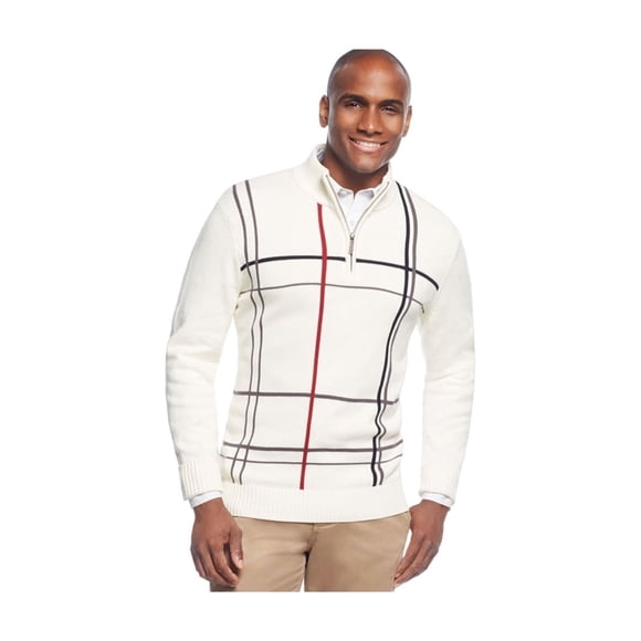 Geoffrey Beene Mens Windowpane Quarter-Zip Pullover Sweater, White, Big & Tall, 2XLT