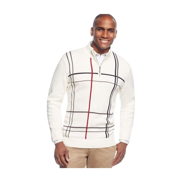 Geoffrey Beene Mens Windowpane Quarter-Zip Pullover Sweater, White, Big & Tall, 2XLT