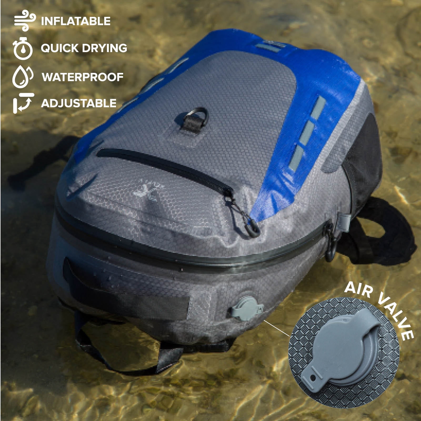 XELFLY Submersipack Waterproof Backpack - Submersible, Inflatable, Floating TPU Coated Durable Nylon Dry Bag with Airtight Zipper for Kayak, Fishing, Boating, Hiking, Paddle Board (Deep Blue, 25L)
