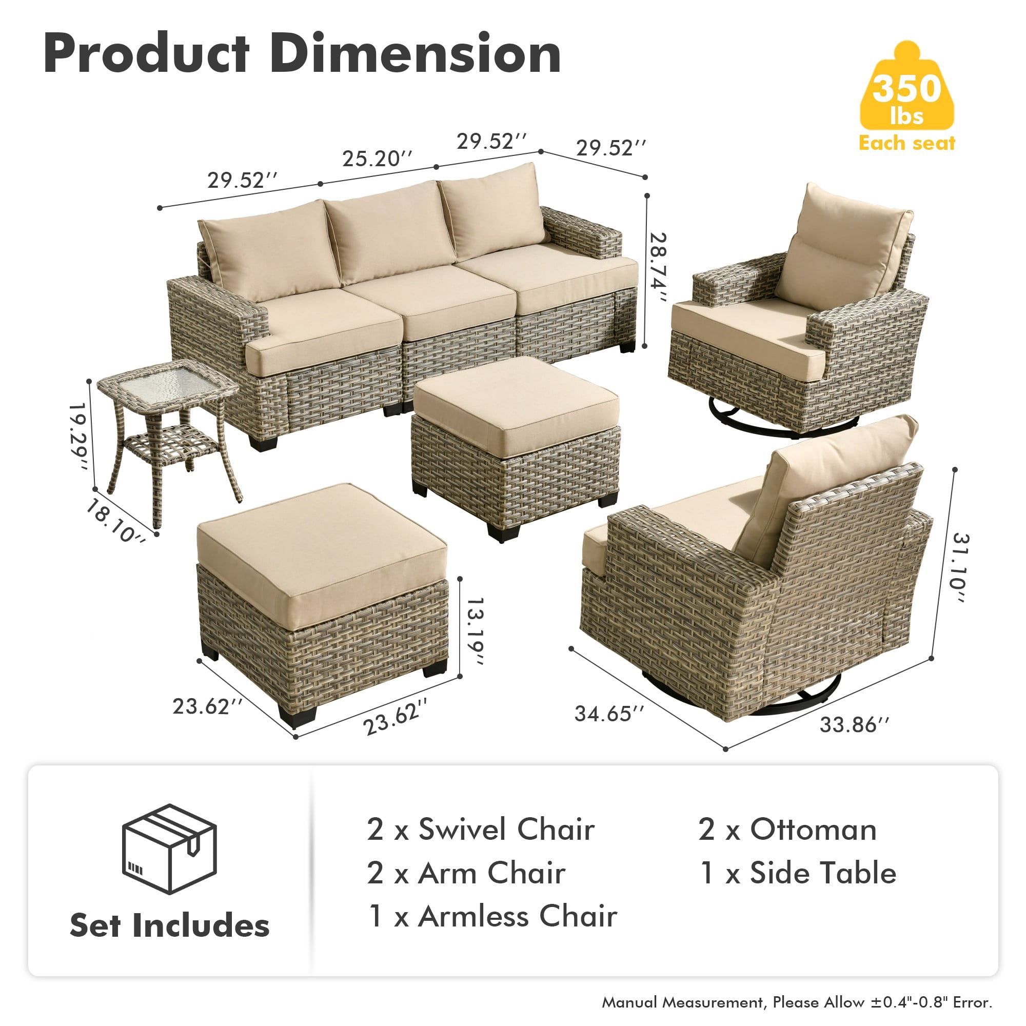 XIZZI 8 Pieces Outdoor Patio Furniture All Weather Rattan Conversation Set High Back Seating Set Modular Outside Sectional Sofa with Swivel Rocking Chairs for Porch,Beige
