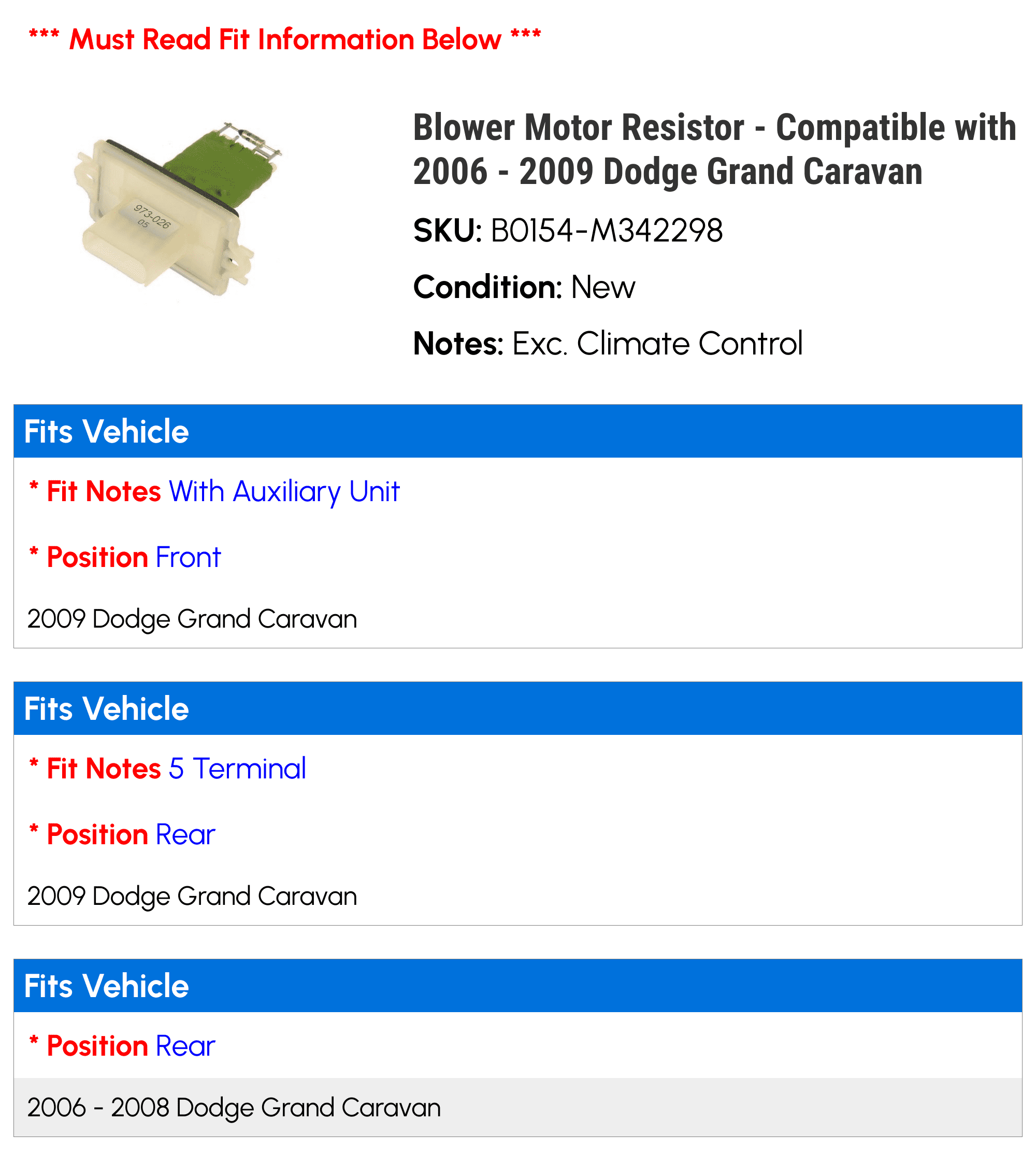 Blower Motor Resistor - Compatible with 2006 - 2009 Dodge Grand Caravan - Dorman