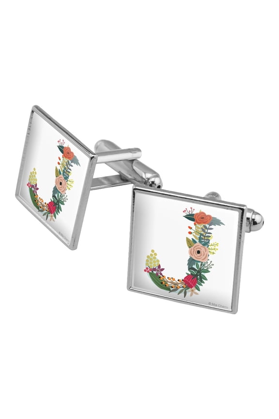 Letter J Floral Monogram Initial Square Cufflink Set - Silver or Gold