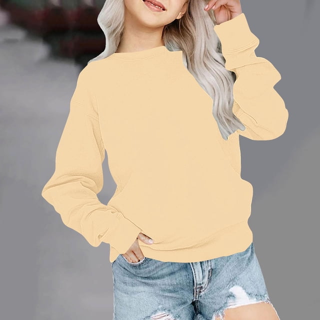 RXIRUCGD Tout-Petits Enfants Garçons Filles Mode Mignon Couleur Unie Manches Longues Col Ras du Cou Chandail Molletonné Chandail Haut Chandails à Capuchon ( Beige, Taille : 2 Ans )