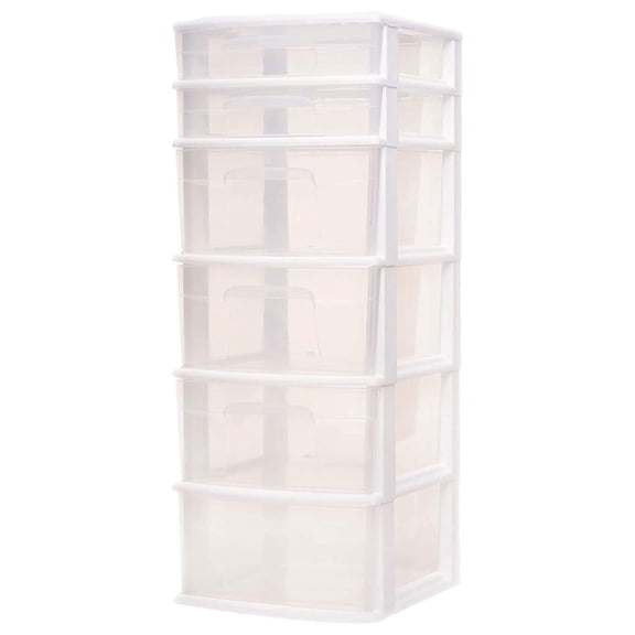 Drawer Tower, 6-Tier Clear Plastic Storage Organizer Cart, White Frame 6 Drawers (Set of 1)