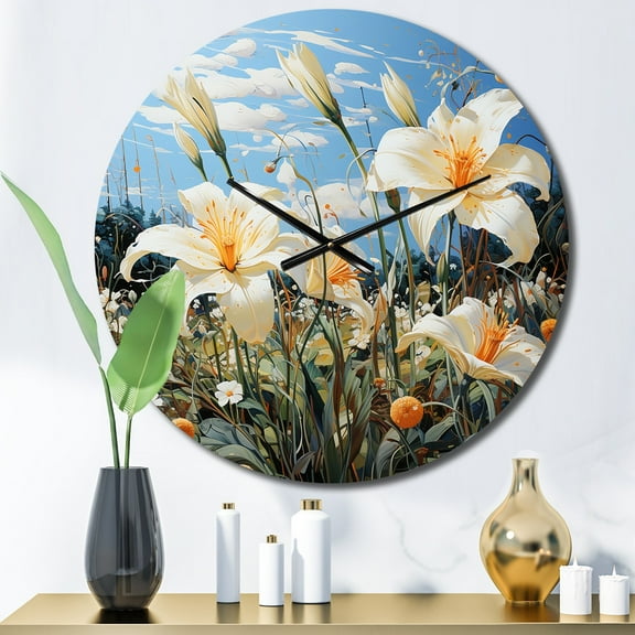 Designart "Lilies Dreams White Green painting" Floral Oversized Wall Clock