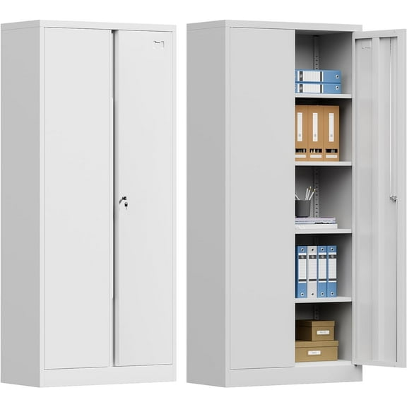 Metal Storage Cabinet with Locking Doors and 4 Adjustable Shelves,71" Tall Metal Garage Storage Cabinet,Metal Cabinet Storage for Office,Home,Garage,Gym,School (White/ Required-Assembly)
