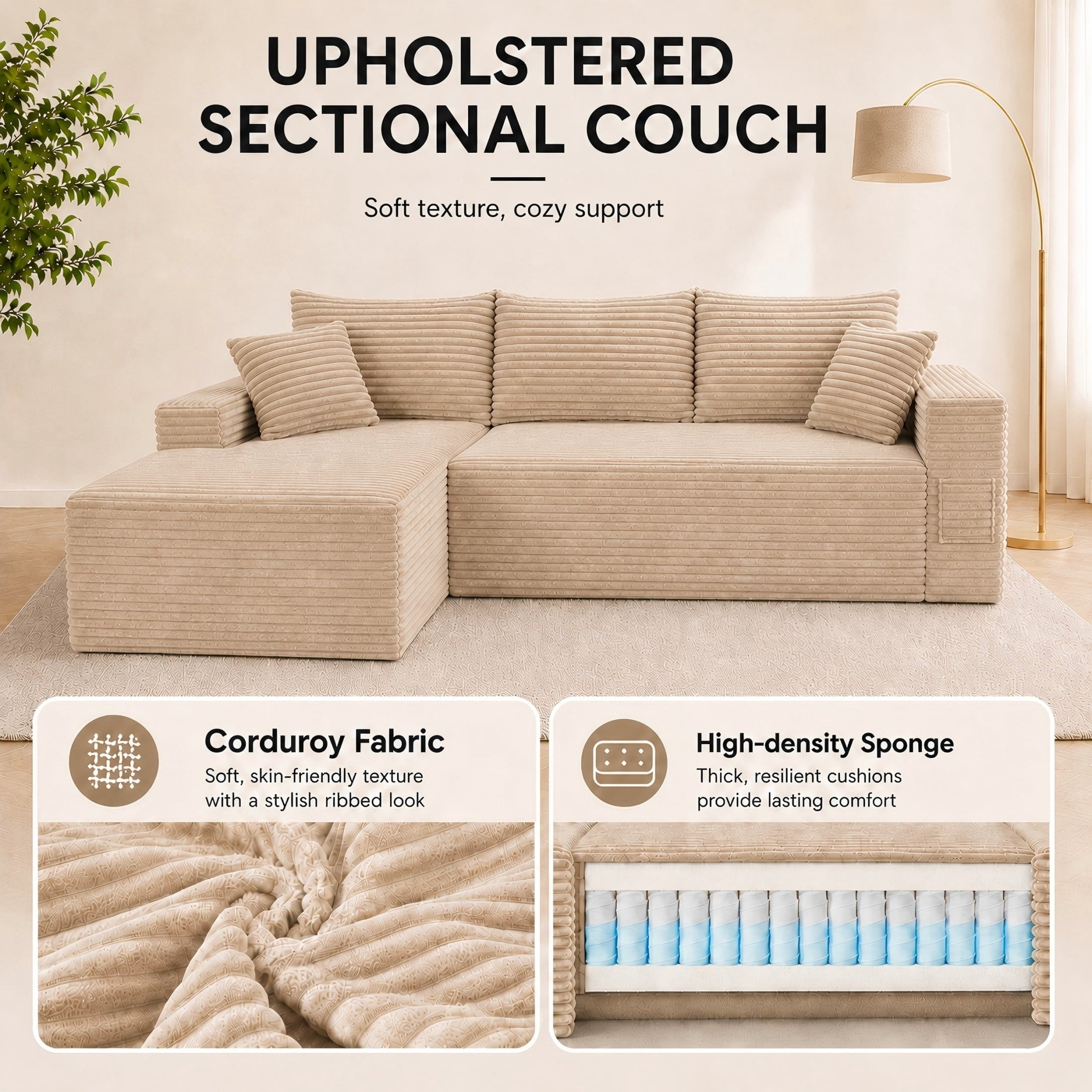 Aukfa 107" Cloud Modular Sectional Couch with Left-Facing Chaise, Corduroy Deep Seat Boneless Sofa for Living Room, Apartment, Camel