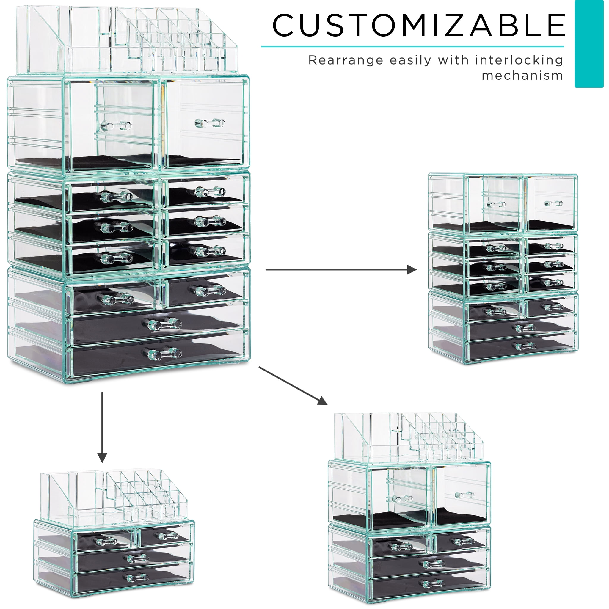 Sorbus Stackable Clear Teal Makeup Organizer, 4-Piece, 12 Drawers, 16 Lipstick Slots