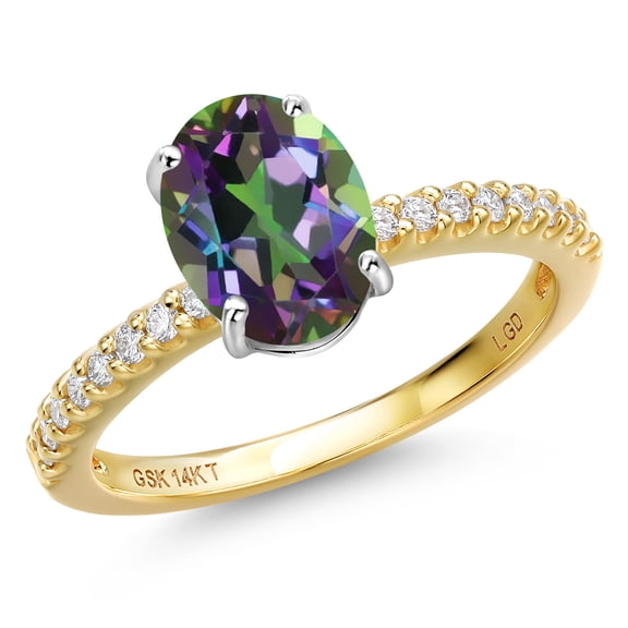 Gem Stone King 14K Two Tone Gold Green Mystic Topaz and Lab Grown Diamond Engagement Ring for Women | 2.46 Cttw | Oval 9X7MM | Gemstone November Birthstone | Size 7