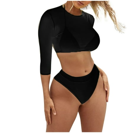 ZhiZhuang Swimsuit for Women 2024 Three Piece Bikini Set for Women Solid Swimsuit Set With Long Sleeve Cover Up Split Bathing Suit Swimwear