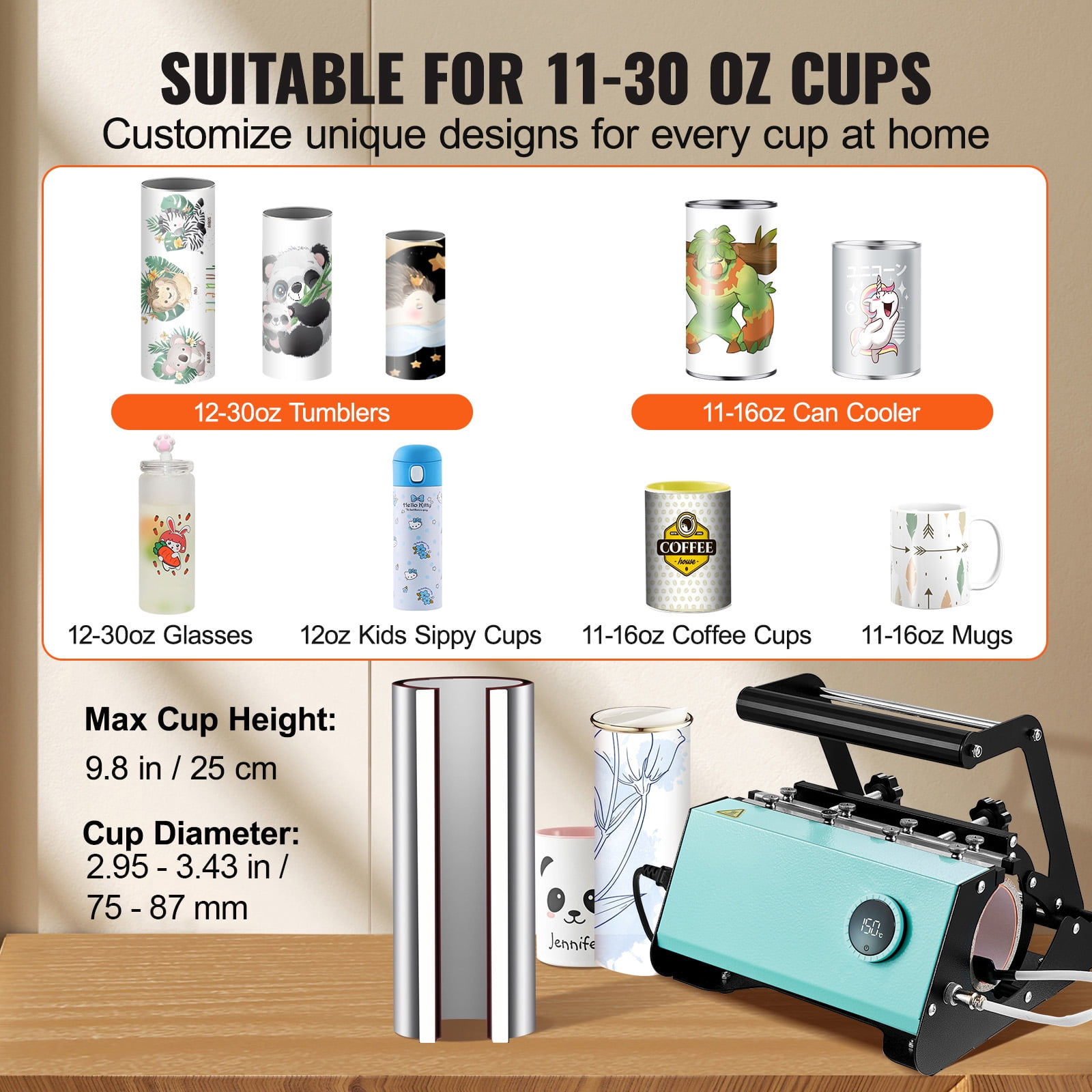BENTISM Tumbler Heat Press, 30oz Mug Heat Press Machine Sublimation Transfer 11-15oz 16-25oz 30oz Straight Skinny Tumblers, Cup Heat Mug Press DIY Mug Cup Heat Transfer with Heat-Resist Gloves, Green
