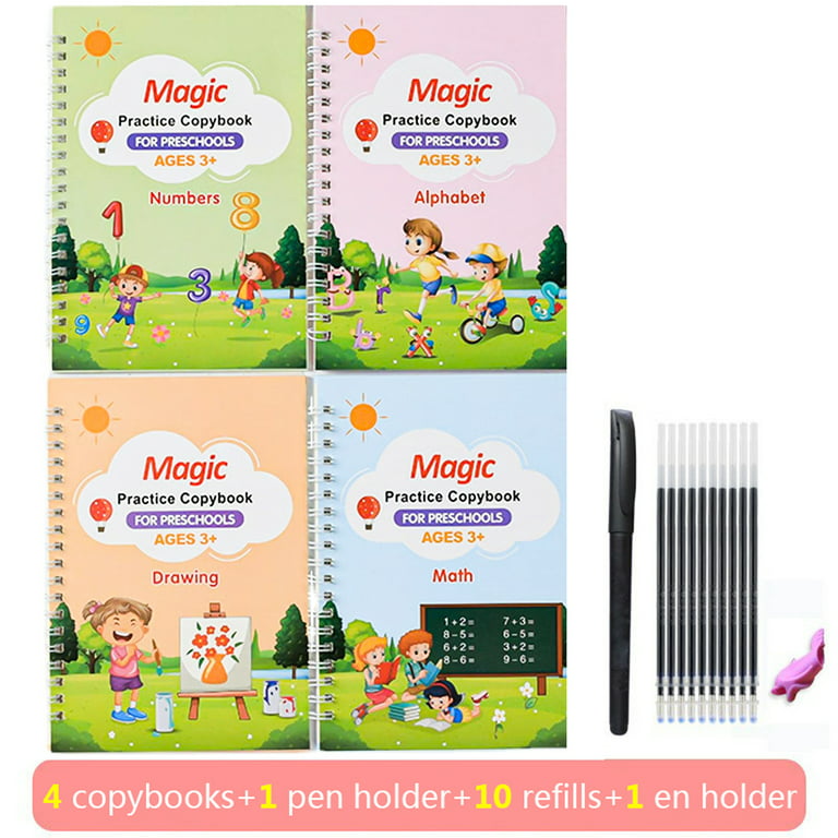 ASIGN Magic Ink Copybooks for Kids Reusable Handwriting Workbooks for Preschools Grooves Template Design and Handwriting Aid (4books+Pens)