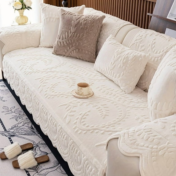 1pc Thick Faux Rabbit Fur Winter Warm Sofa Cover- Elegant with Floral& Leaf Patterns, Pet-Friendly, Non-Slip Couch Protector for Sofas- Ideal for Living Room, Bedroom, Sofa Covers for Living Room