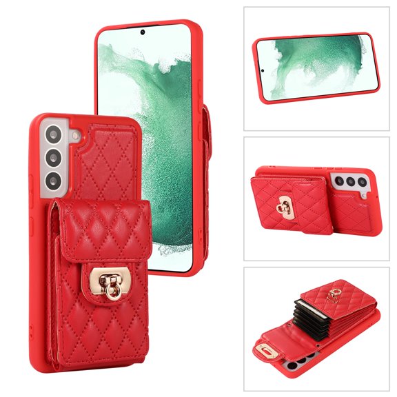 SaniMore for Samsung Galaxy S21 FE PU Leather Case, Multi-Functional Metal Snap Wallet Cover with Card Slot & Kickstand Shoulder Strap Full Body Protective Shell for Samsung S21 FE, Red