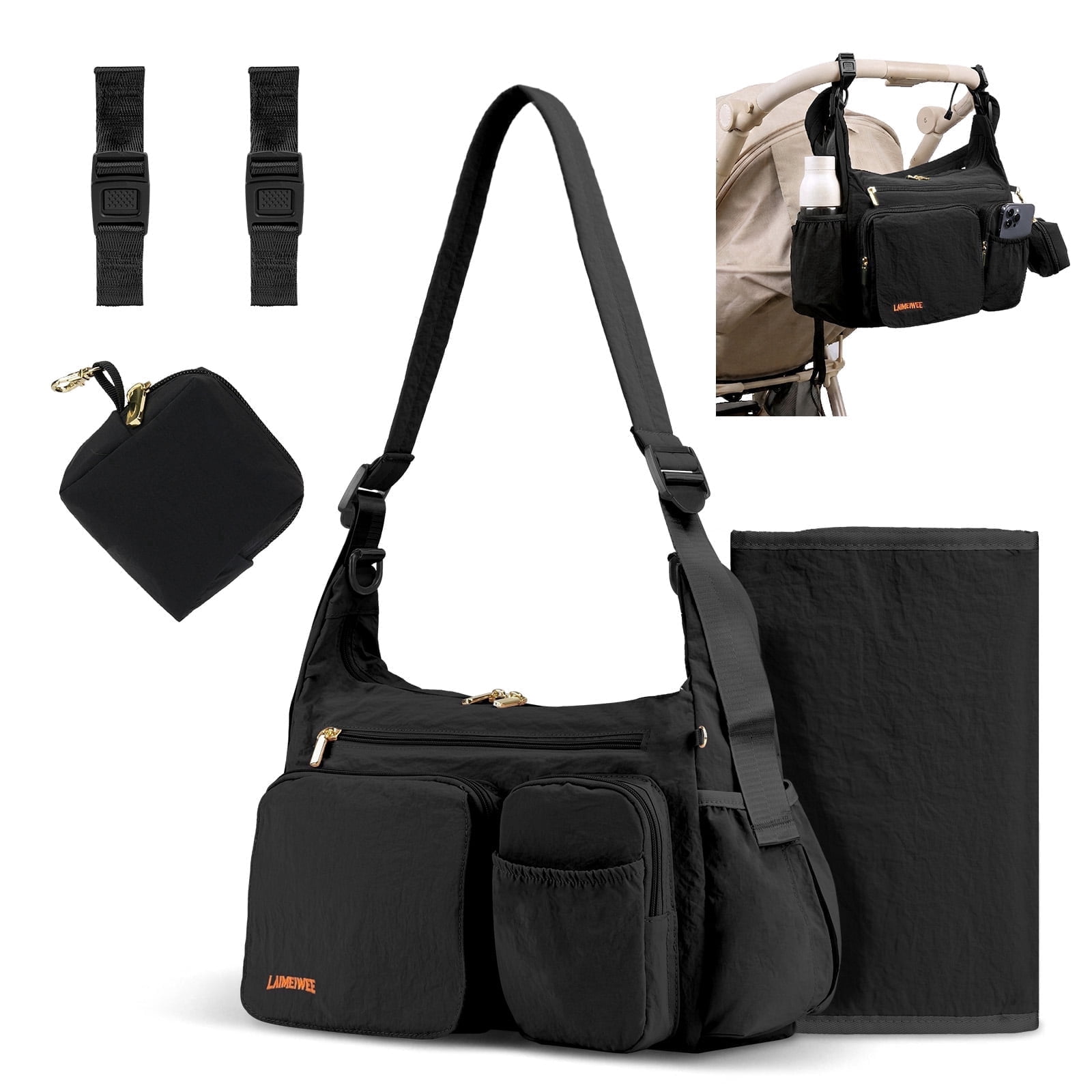 LAIMEIWEE Crossbody Diaper Bag, Stroller Caddy, Travel Duffle for Mom,Black