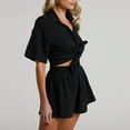 thumbnail image 3 of Womens Cotton Summer Casual 2 Piece Outfits Short Sleeve Button Down Shirts Drawstring Shorts Fashion Tracksuit, 3 of 8