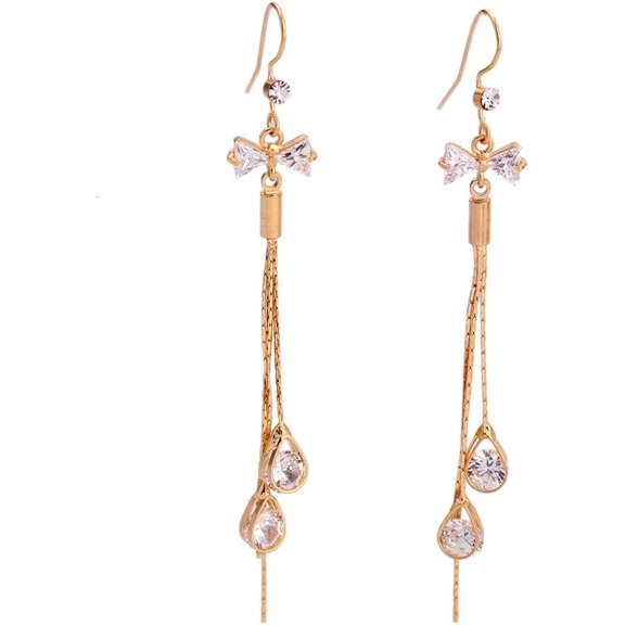 Luxury Bridal S925 Sterling Silver AAA CZ Long Drop Earrings With Butterfly Clip on Earrings No Pierced