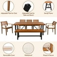 thumbnail image 3 of 7 Piece Patio Dining Set, Outdoor Wood Furniture Set with 1 Bench, 1 Rectangular Table and 5 Chairs w/Removeable Cushion, Nature, 3 of 8