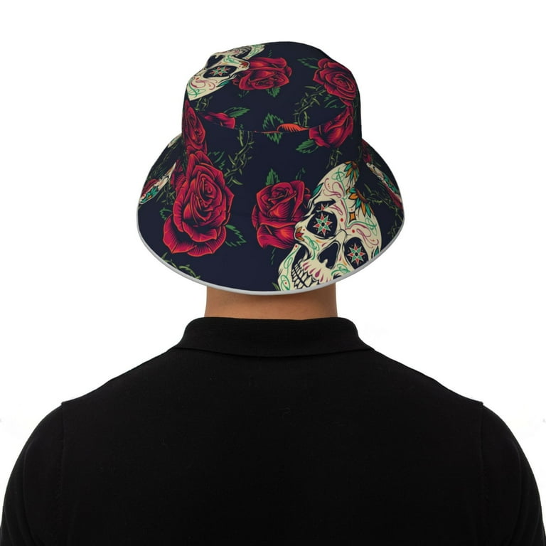 Kdxio Reflective Bucket Hat - Roses Skulls Print Bucket Hat for