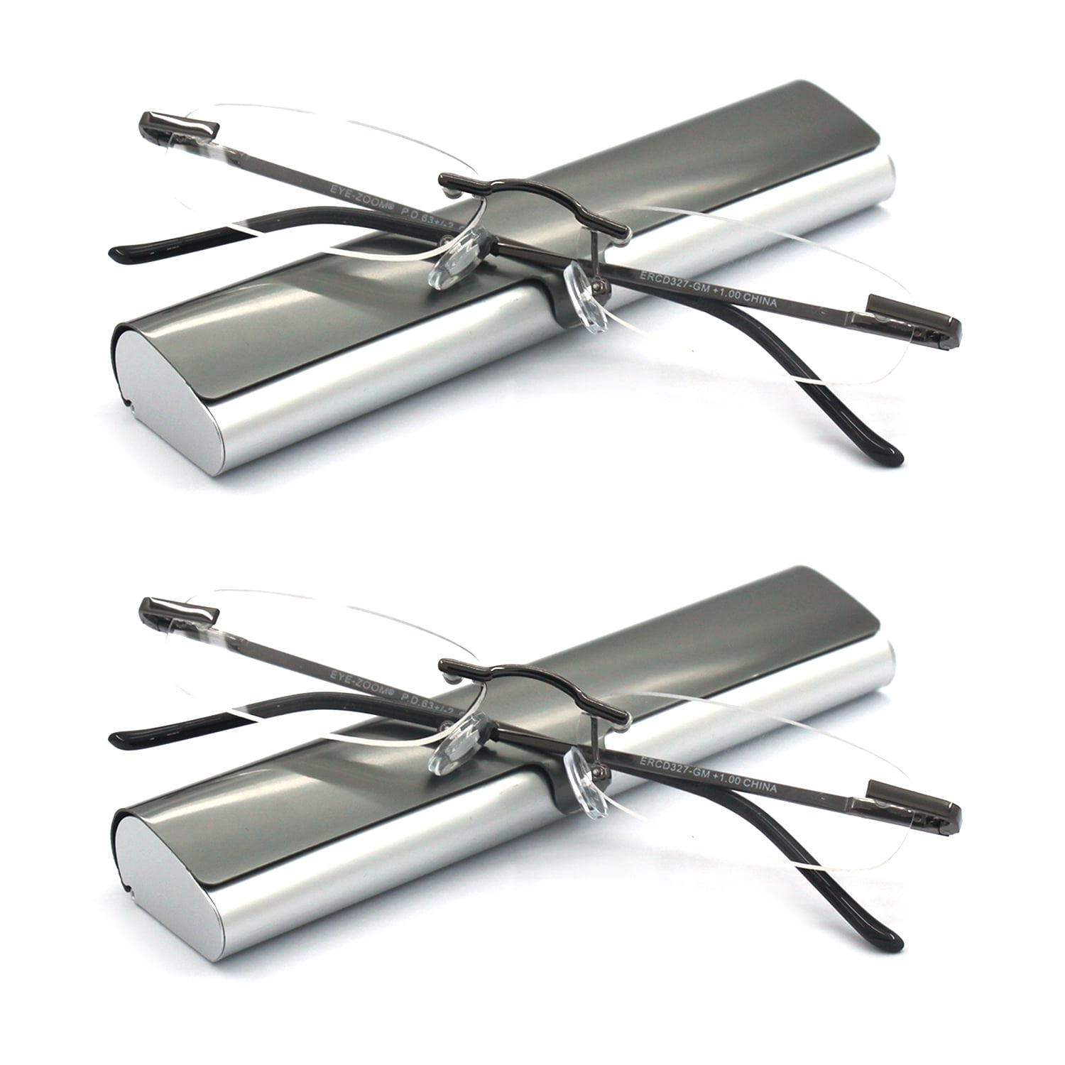 Eye zoom 2 pack compact metal rimless reading glasses with light slim