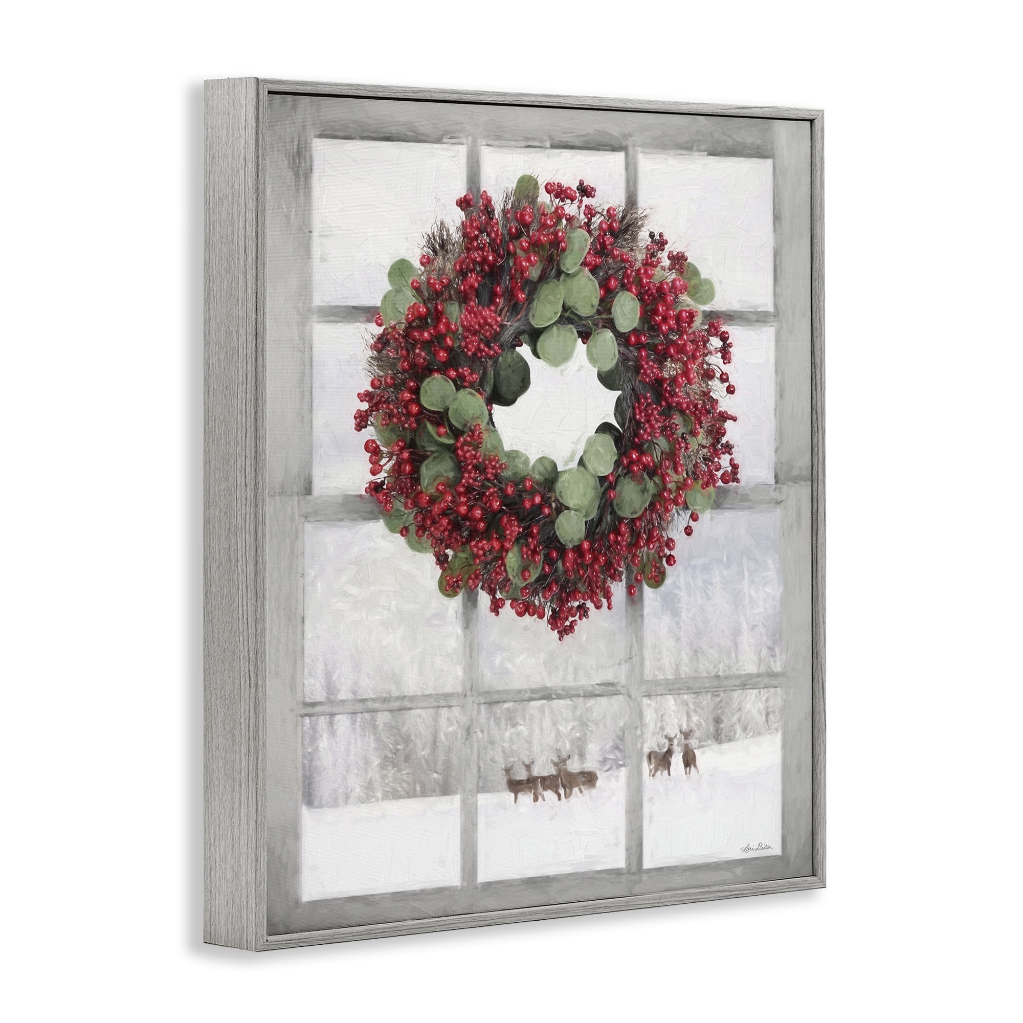 Stupell Industries Holly Wreath & Reindeer Holiday Painting Gray Framed Art Print Wall Art, 24 x 30