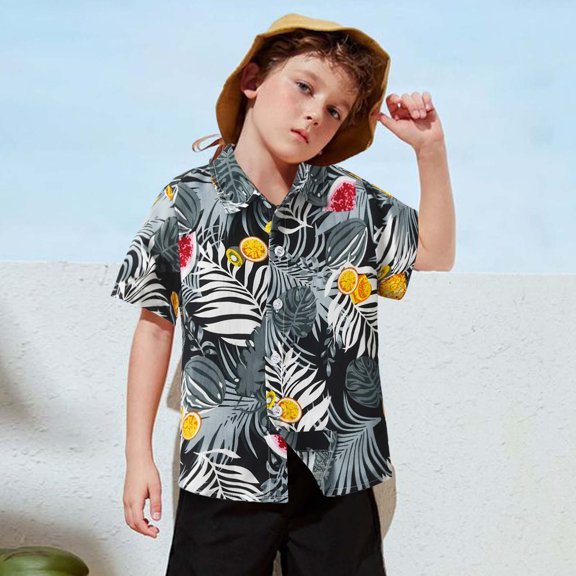 Boys T Shirts Kids Tropical Print Short Sleeve Button Down Shirt Boys' Tops Black 18-24 Months