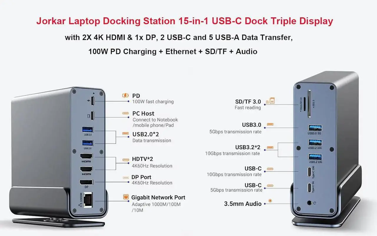 Vertical Laptop Docking Station 3 Monitors, 15-in-1 USB C Dock Station Hub Triple Display with 2X 4K HDMI & 1x DP, 10Gbps USB-C and USB-A 3.2 Data, 100W PD Charging+Ethernet+SD/TF+Audio