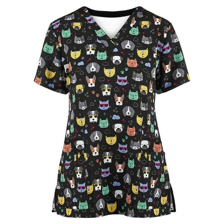

Winter Savings 2022! Plus Size Scrubs Tops for Women Short Sleeve V-Neck Nurse Workwear Animals Print Casual Working Uniform Blouse with Pockets