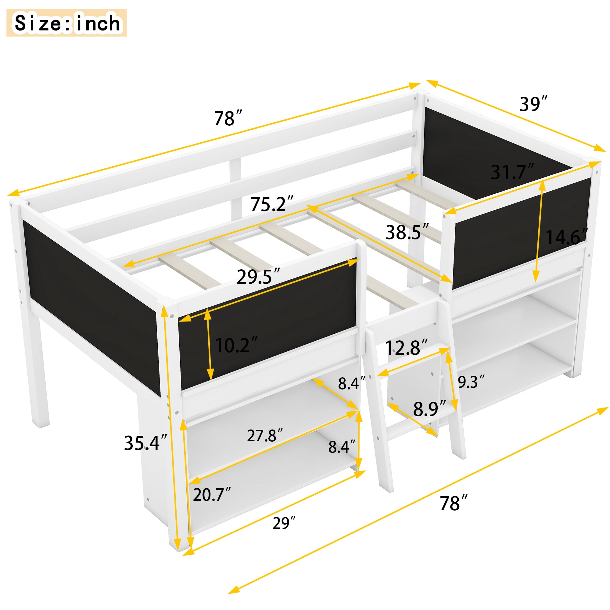 Euroco Twin Size Loft Bed with Shelves and Chalkboard, Storage Bed with Guardrails, White
