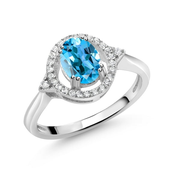 Gem Stone King 1.34 Ct Oval Swiss Blue Topaz 925 Sterling Silver Ring (Size 7)