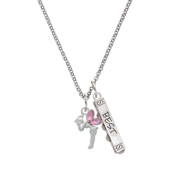 Delight Jewelry Silvertone Small Fairy with Pink Wings Silvertone Best Friends Forever Bar Charm Necklace, 23"