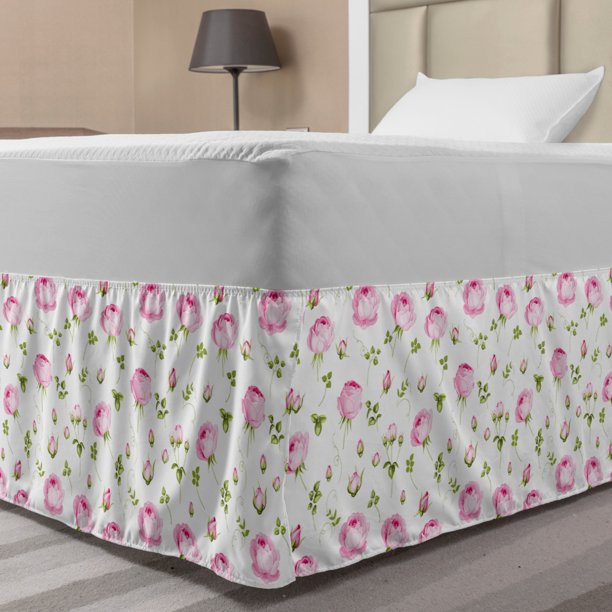Floral Bed Skirt, Romantic Roses and Leafy Branches Blooming Vintage