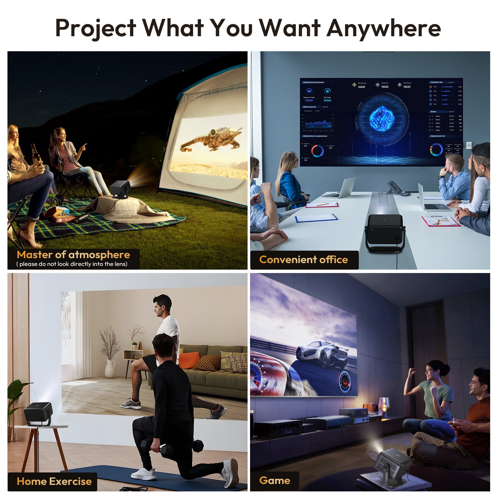 XGODY 1080P WA6 390 ANSI Smart Projector with Wifi and Bluetooth,Aspect Ratlo 16:9 for Camping/Gaming, 1.4KG Black, 1 Count